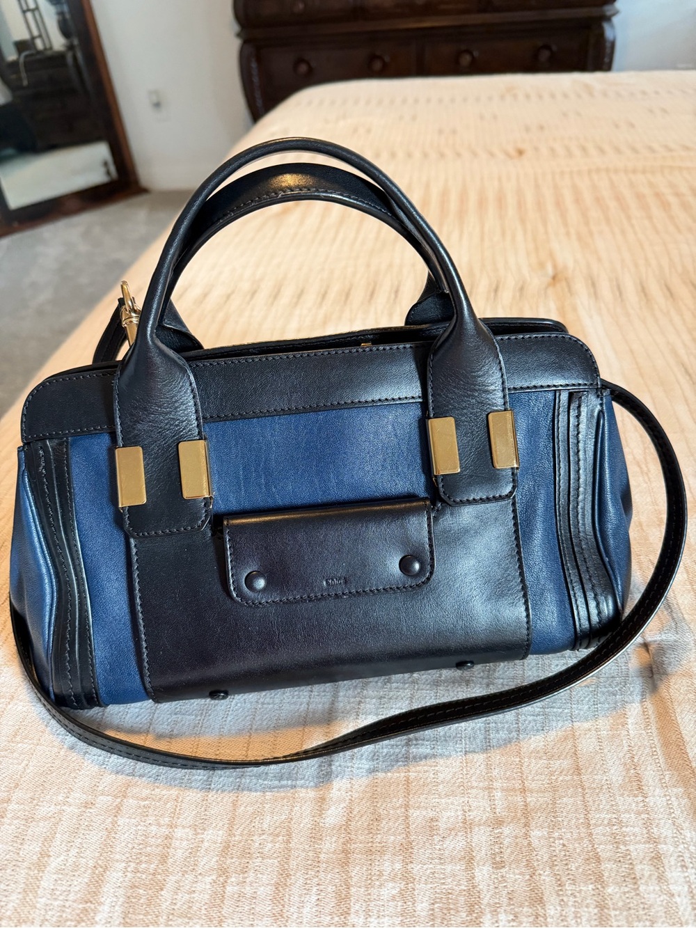 Authentic Chloé Black and Navy Leather Shoulder Satchel